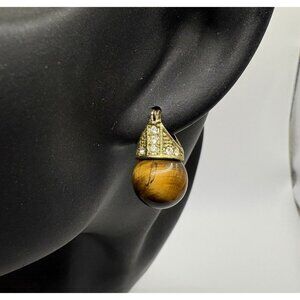 Gold Tone Tigers Eye Gemstone Huggie Earrings Rhinestone